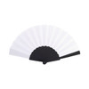A black and white fabric hand-held fan with a scalloped edge and a simple design. It has a logo on the handle.