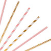 A collection of disposable 3-ply straight drinking paper straws in pink and gold designs, with varying patterns.