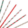 A set of disposable 3-ply drinking paper straws in festive designs, featuring green, red, and patterned decorations.