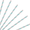 A collection of straight, disposable 3-ply paper straws in light blue and white stripes against a white background.
