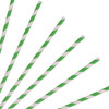 A set of disposable 3-ply straight drinking paper straws in green and white stripes, arranged randomly.