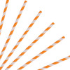 A collection of orange and white striped disposable 3-ply drinking paper straws arranged diagonally.