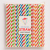 A pack of 100 disposable 3-ply straight drinking paper straws in red, green, blue, and orange stripes. The pack has a logo.