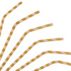 Bendable drinking paper straws in pink and gold stripes arranged in a fan shape, featuring a branding logo.