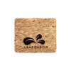 A cork card holder featuring multiple slots and a logo, showcasing a natural cork texture.