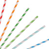 A collection of 4-ply straight drinking paper straws in orange, green, blue, and white, arranged in a dynamic layout.