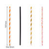 Four straight drinking paper straws are displayed: an orange and white striped straw, a black straw, a gold and white striped straw, and a pink floral straw.
