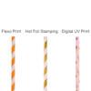 Three types of custom disposable 4-ply straight drinking paper straws in orange, gold, and pink floral designs. Each straw features distinct printing styles.