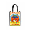 A small tote bag featuring a vibrant design of two cherries with arms and legs, surrounded by a colourful background.