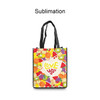 A custom sublimation tote bag featuring a vibrant fruit design with the words "Love You," and black handles.