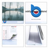 A desk calendar for 2027 featuring serene lake imagery, a blue logo, and a clean, white design.