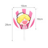 A pink transparent PVC hand fan featuring a cartoon character with blonde hair and a white sailor hat. Dimensions: 18cm x 28cm.