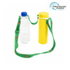 A drink bottle lanyard in green featuring a blue water bottle and a yellow container. The lanyard has a logo.