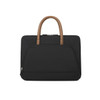 A black laptop bag featuring a zippered outer pocket and brown PU handles. It has a sleek and modern design.