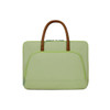 A light green laptop bag with a zippered outer pocket and brown PU handles. It features a logo on the front.