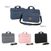 A range of laptop bags in grey, pink, navy, and black, featuring handles and detachable straps, with a logo on one.