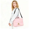 A pink business laptop bag with a shoulder strap, featuring a logo and padded design for protection.