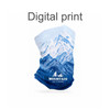 A neck gaiter featuring a digital print of blue mountain scenery with a logo at the base.