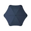 A dark navy umbrella with a sleek design and central button, featuring a branding logo.