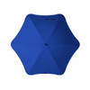 A blue umbrella with a rounded shape and a central point, featuring a branding logo.