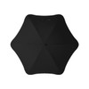 A black umbrella featuring a sleek, modern design with a central button and a curved silhouette.