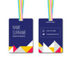 A medium printed name tag featuring a blue background with colourful geometric shapes and a ribbon for attachment.