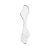 A silver massage tool with a sleek, elongated design and a logo on one side.