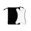 A Gua Sha tool in a clear, curved design beside a black carrying pouch. The tool features rounded edges and silver accents.