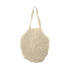 A beige mesh grocery bag with a netted design and two shoulder straps. It features an inner compartment.