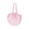 A pink mesh grocery bag with two handles and a spacious netted design.