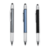 Three stylus pens in silver, blue, and black, featuring a textured grip and a branding logo on each pen.