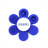A blue flower-shaped promotional product with multiple textured sections and a central area featuring a logo.