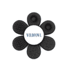 A black flower-shaped product with textured petals and a central logo. It features various raised patterns on each petal.