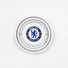 A circular glass ashtray featuring a logo in blue and white for a football club, with a silver rim.