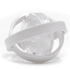 A clear fidget toy with a white band encircling a spinning inner component. Features a smooth, transparent design.