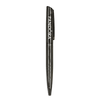 A metallic black ballpoint pen with a clip and a logo, featuring a sleek and elegant design.