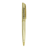 A gold metal ball pen with a clip and a logo on the body.