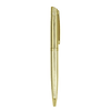 A golden metal ballpoint pen featuring a sleek design and a pocket clip. It has a logo on the barrel.