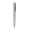 A silver metal ball pen with a sleek design and a clip for securing. It features a logo on the body.