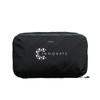 A black packing cube featuring a circular logo, designed for organising travel essentials.