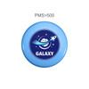 A blue frisbee featuring a graphic of a rocket and planets, with a logo in the centre.