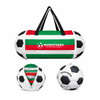 A foldable duffel bag designed to resemble a soccer ball, featuring green, white, and red stripes, with a logo.