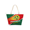 A full-colour tote bag featuring a football graphic, predominantly green and red, with cream handles and a logo.