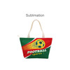 A multi-coloured tote bag in red and green featuring a football design and a logo on the side.