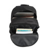 A black backpack with multiple compartments, including space for a laptop, tablet, and other items.