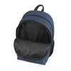 A navy blue backpack with a black interior and a front zip pocket. The bag features a sturdy handle on top.
