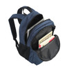 A navy blue backpack with multiple compartments, including space for a laptop and various books. It features a logo.