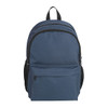 A navy blue backpack with a front pocket and black accents, featuring a logo on the front.