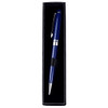 A blue pen placed inside a black single pen box, featuring a sleek design and a silver accent.