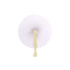 A round plastic paper fan in white with a cream handle, featuring a pleated design.